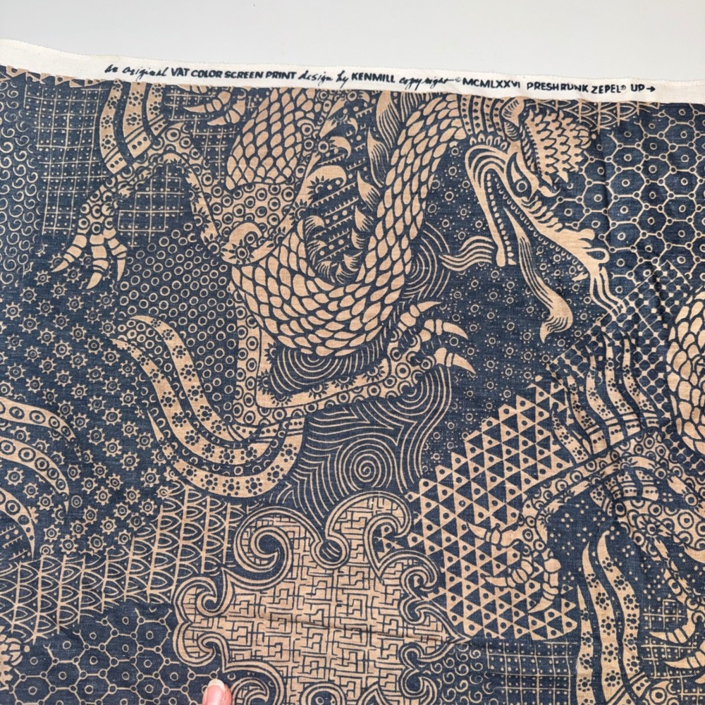 Kenmill Vintage Batik Dragon Fabric Blue Tan 50x54 1976 Screen Print